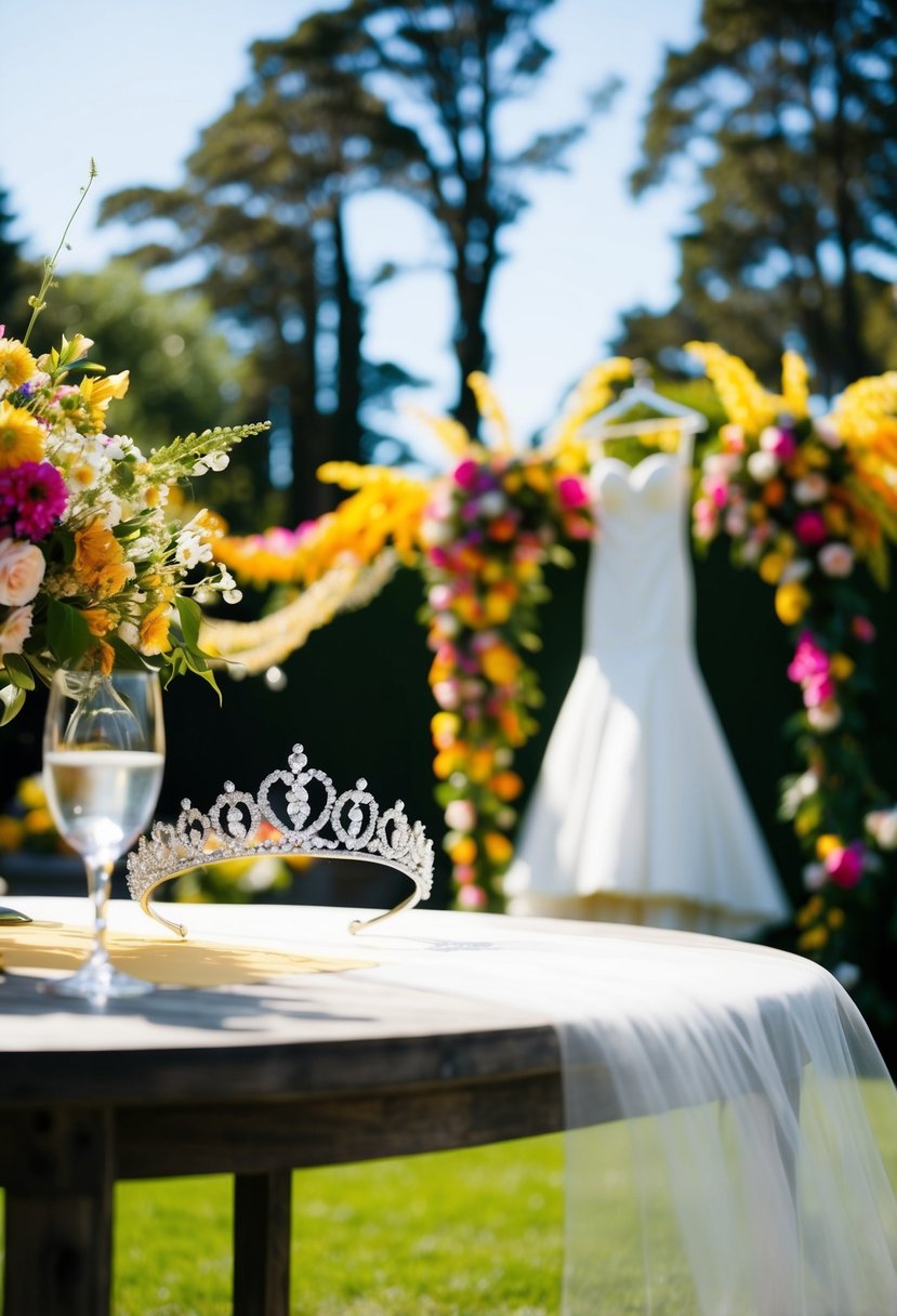 A sunny garden with colorful floral decorations, a flowing white wedding dress, and a sparkling crystal tiara on a table