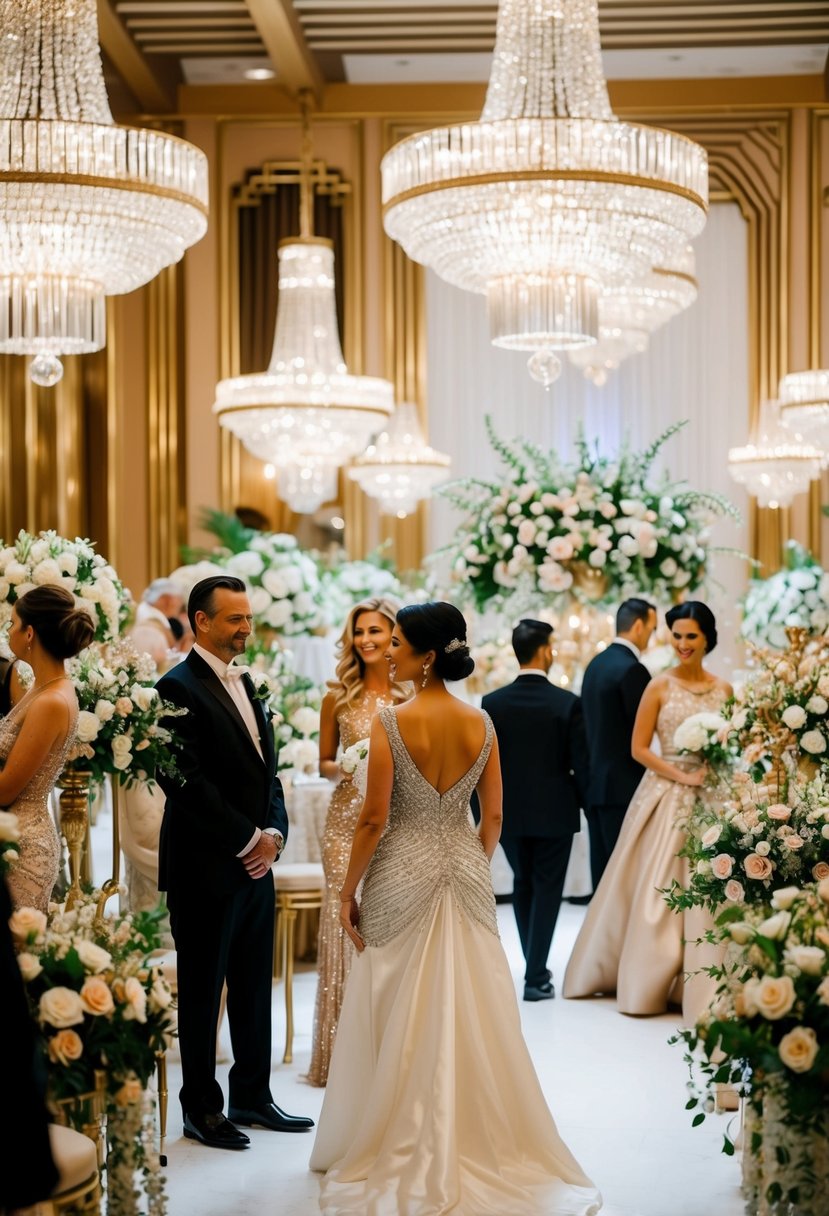 A lavish Art Deco ballroom with crystal chandeliers, gold accents, and opulent floral arrangements. A drop waist wedding dress in shimmering silk and intricate beading stands out among the glamorous guests