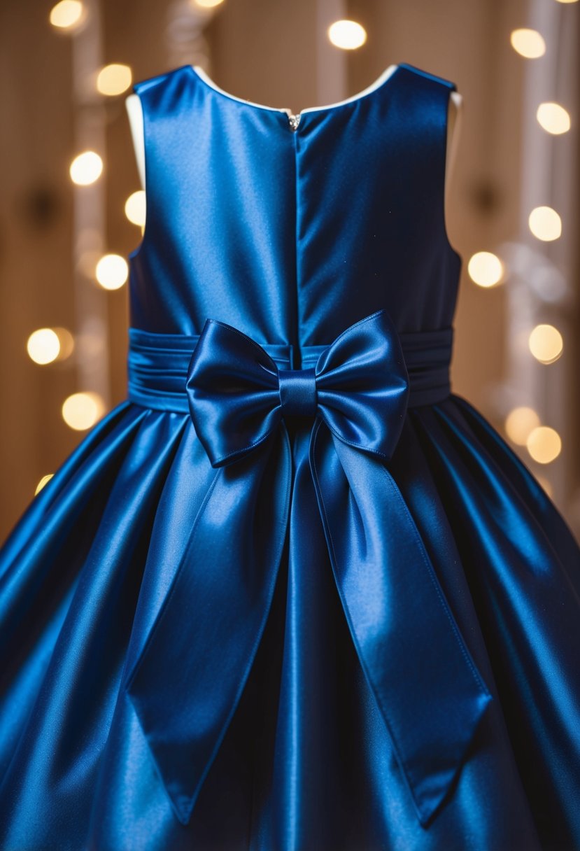 A navy blue satin dress with delicate bow details, designed for a 5-year-old girl's wedding attire