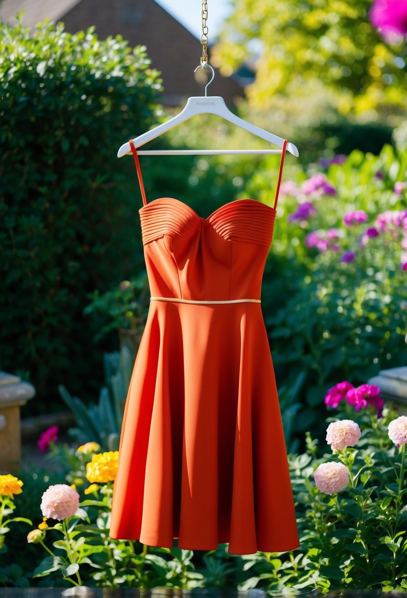 A vibrant paprika strapless dress displayed on a hanger, surrounded by blooming flowers and greenery in a sunny garden setting