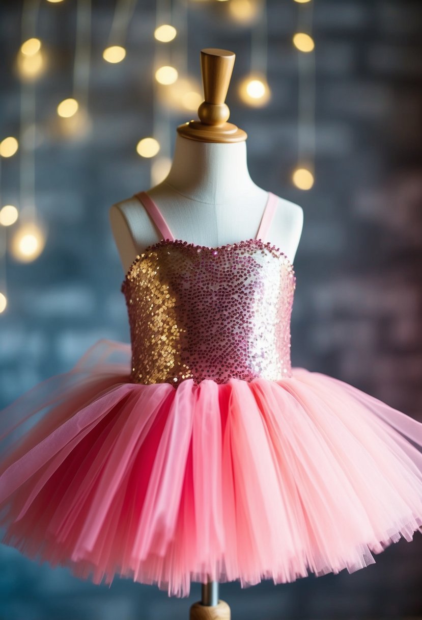 A pink tutu with a sequin bodice wedding dress on a child mannequin