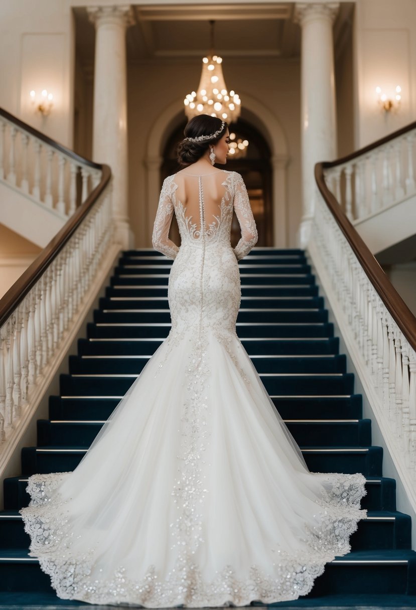 A drop waist wedding dress with mermaid style elegance, adorned with intricate lace and shimmering sequins, cascading down a grand staircase