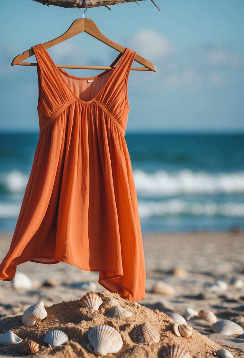 A flowing burnt orange beach dress hangs on a hanger, surrounded by sand and seashells, with a view of the ocean in the background