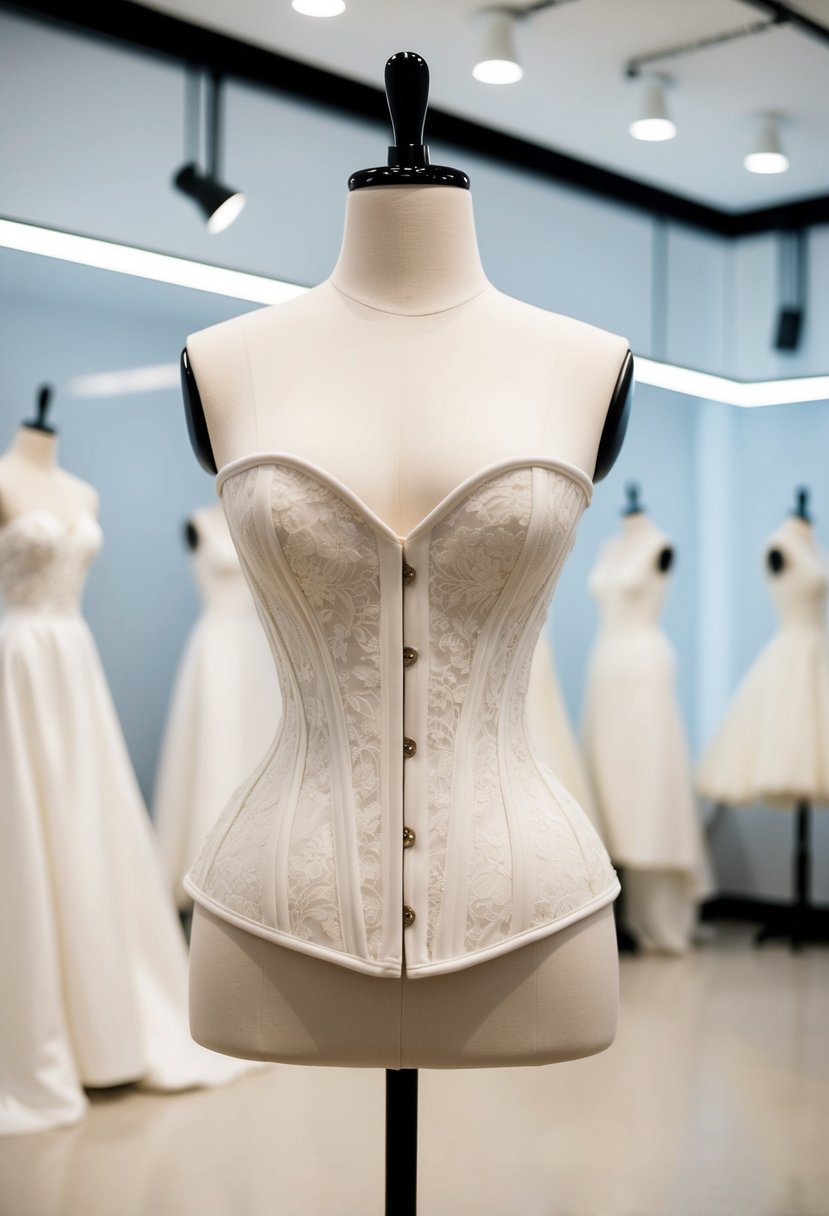 A modern corset with a sheer bodice drop waist wedding dress on a mannequin in a bright, minimalist bridal boutique