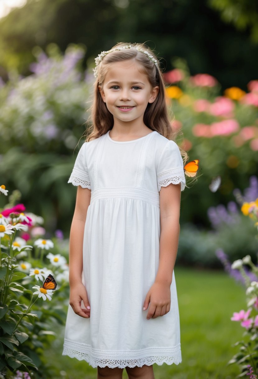 A 5-year-old girl in a white cotton dress with lace trim, standing in a garden with flowers and butterflies