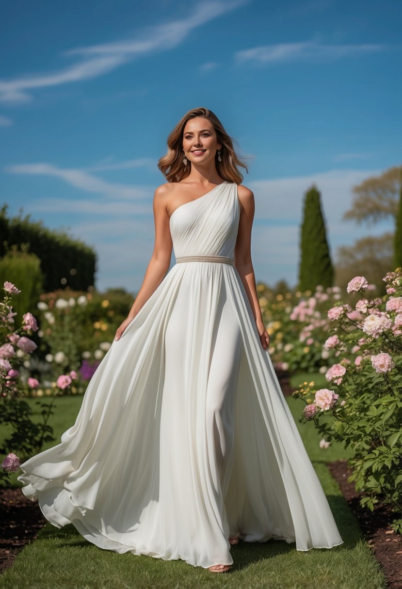 A woman in a flowing one-shoulder dress, standing in a garden with blooming flowers, under a sunny sky