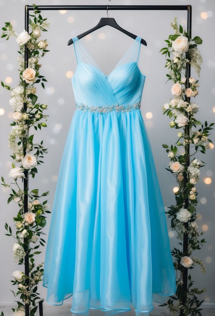 A sky blue organza party dress hanging on a hanger, surrounded by delicate floral decorations