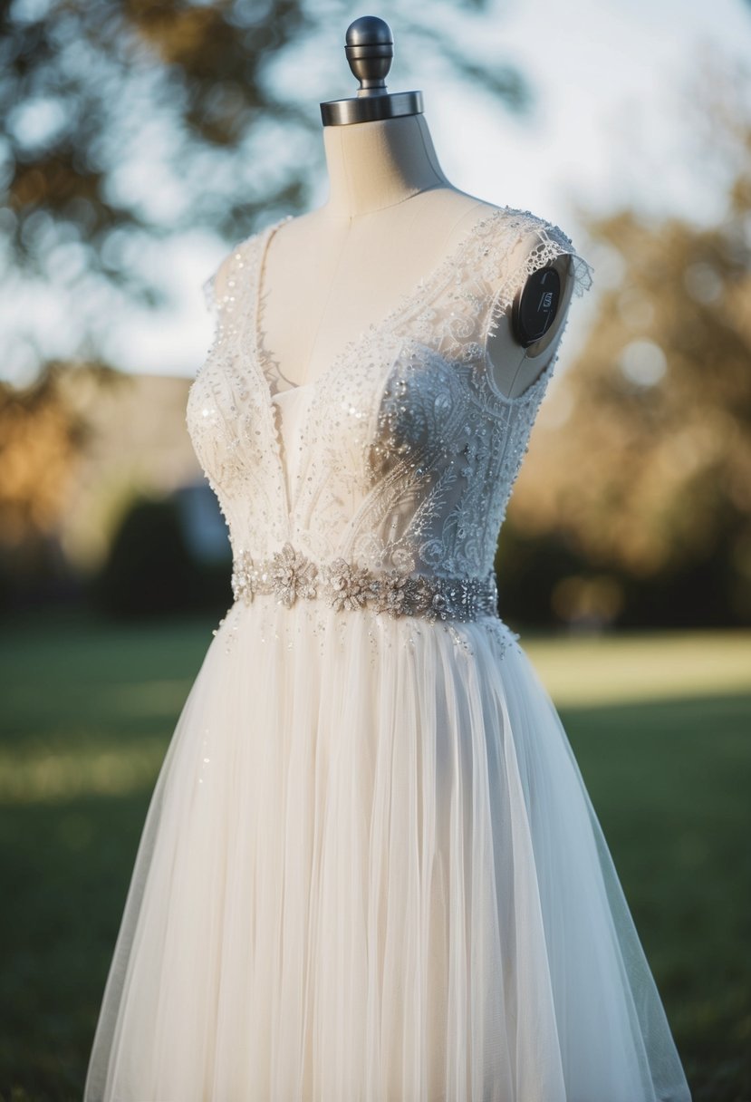 A delicate lace and tulle wedding dress with a drop waist, adorned with intricate beading and flowing fabric