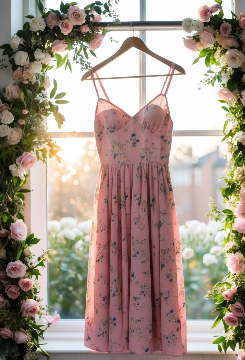 A pink floral midi dress hanging on a hanger, surrounded by fresh flowers and sunlight streaming through a window