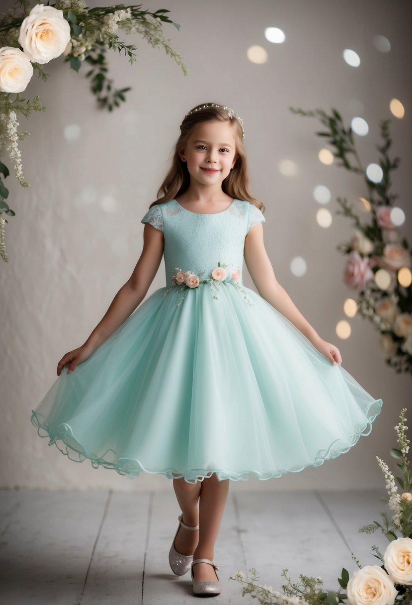 A 5-year-old girl twirls in a tea-length dress with cap sleeves, surrounded by delicate lace and floral details