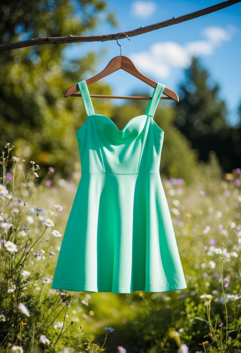 A minty green mini dress hanging on a rustic wooden hanger, surrounded by delicate wildflowers and dappled sunlight