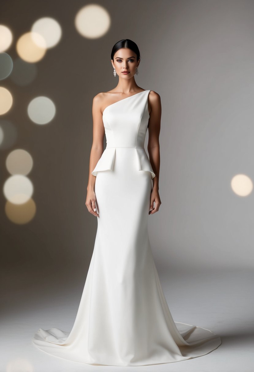 A bride stands in a sleek, modern wedding dress with an off-center neckline and a drop waist, exuding elegance and sophistication