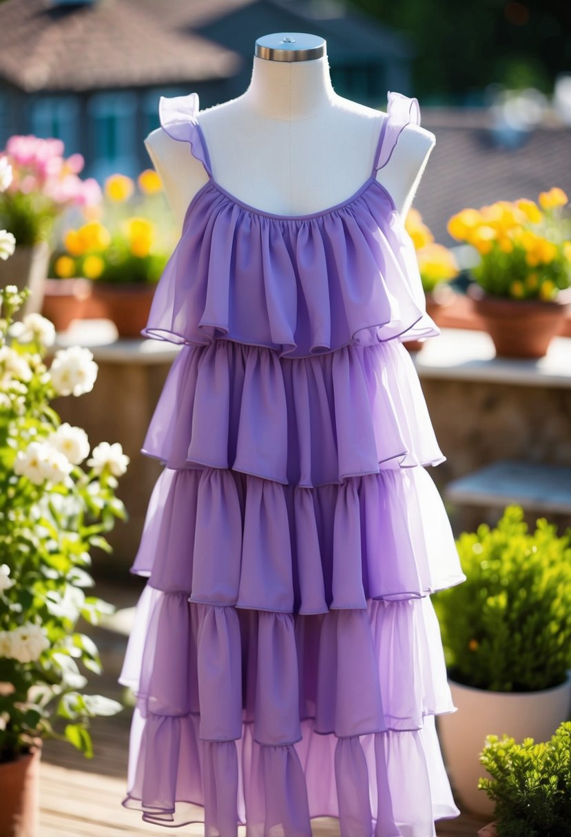 A mannequin wearing a flowing violet ruffle dress on a sunny garden terrace with flowers in the background