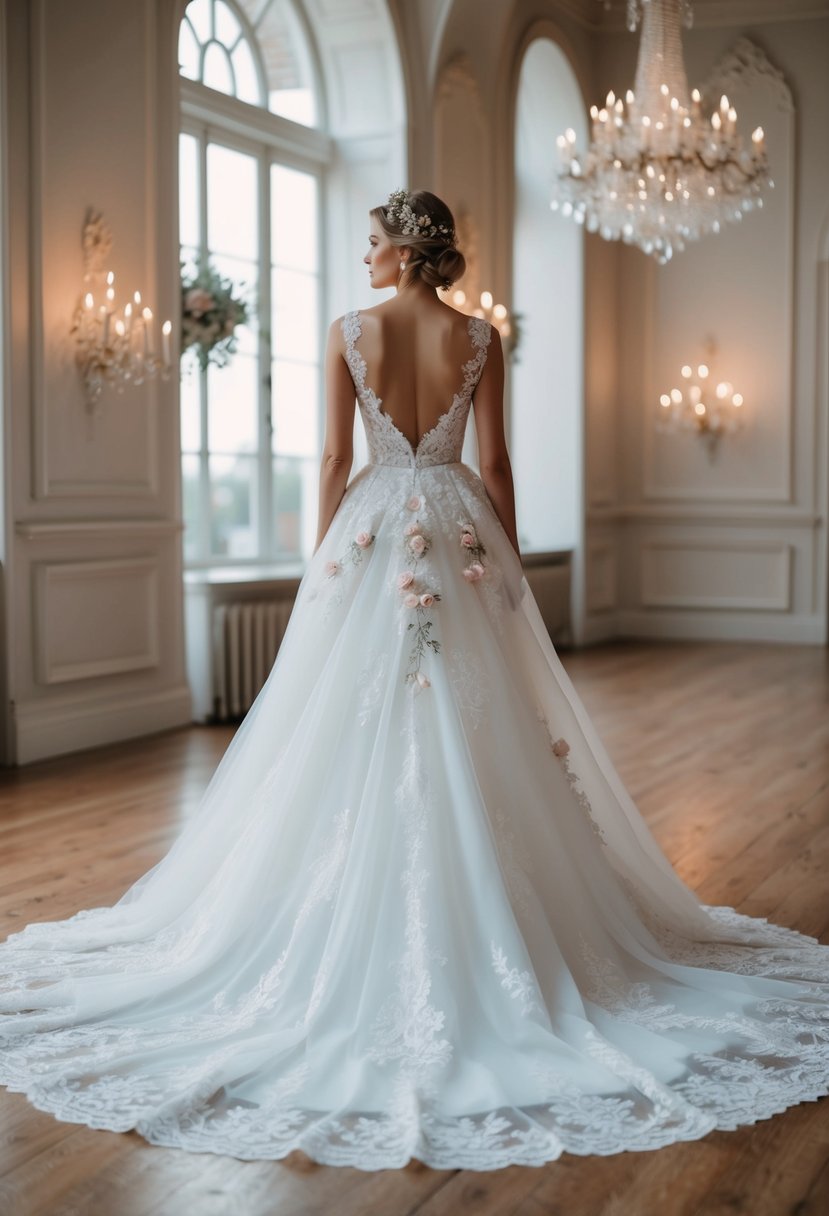 A flowing, drop-waist wedding dress with regal Chantilly lace skirt, adorned with delicate floral details and a graceful train