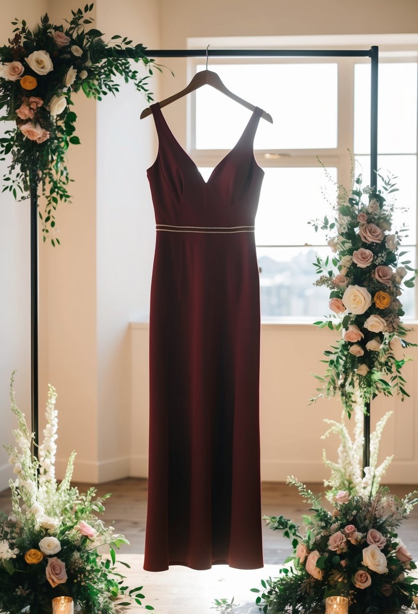 A burgundy midi dress hangs on a hanger, surrounded by floral arrangements and wedding decor. Sunlight streams through a window, casting a warm glow on the fabric