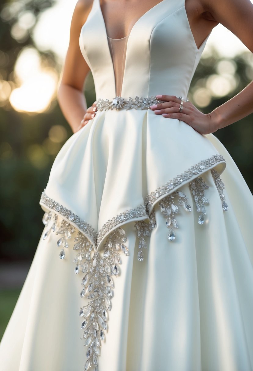 A flowing wedding dress with intricate crystal trim details cascading down the drop waist, catching the light and adding a touch of elegance to the design