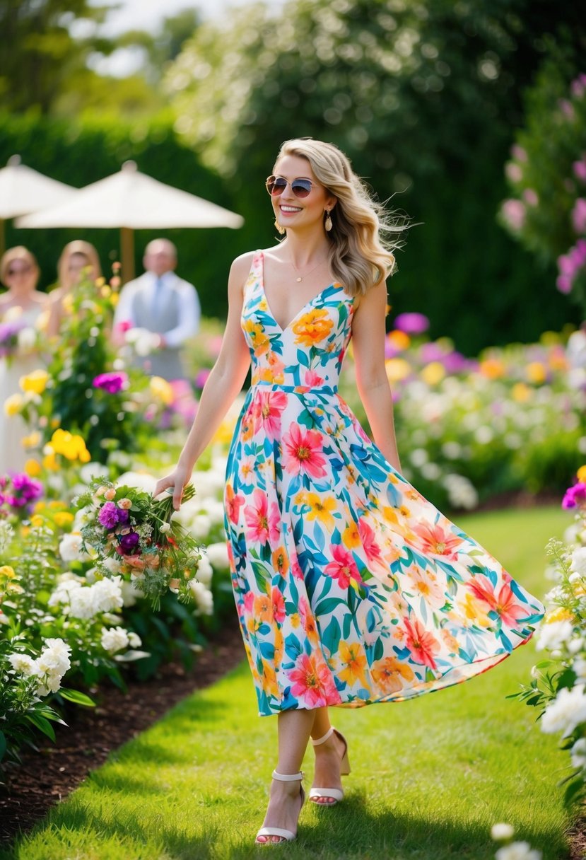 A colorful floral midi dress sways in the breeze at an outdoor wedding, surrounded by blooming flowers and lush greenery