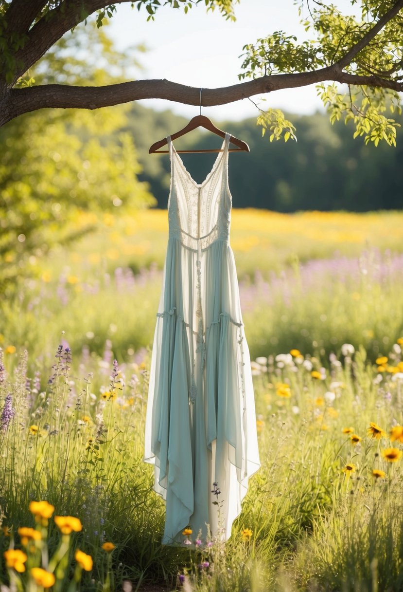 A flowy, bohemian dress hangs from a tree branch in a sunlit meadow, surrounded by wildflowers and tall grass