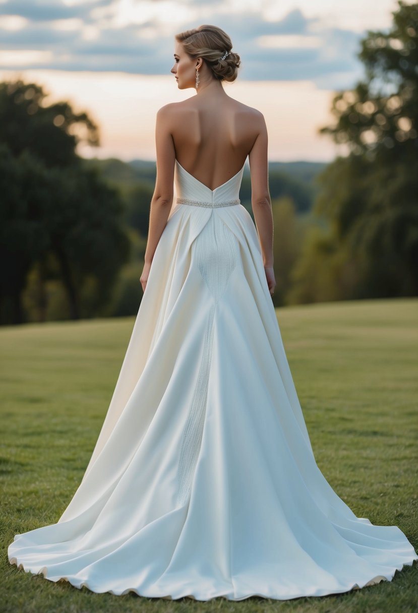 A flowing, drop waist wedding dress with textured godet insets cascading down the skirt