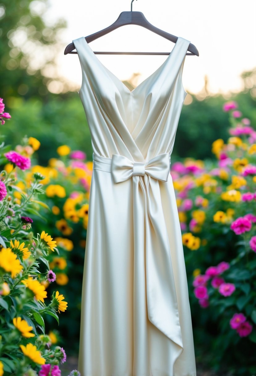 A flowing satin dress draped over a hanger, with a bow detail at the waist, surrounded by vibrant summer flowers