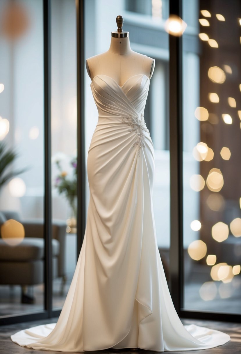 A sleek and sophisticated drop waist wedding dress displayed on a mannequin, with elegant draping and delicate details