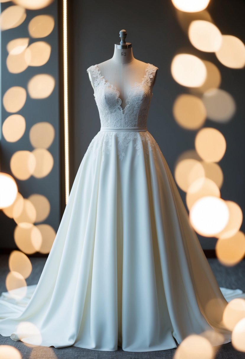 An elegant Basque waist drop waist wedding dress displayed on a mannequin, surrounded by soft lighting and delicate lace details