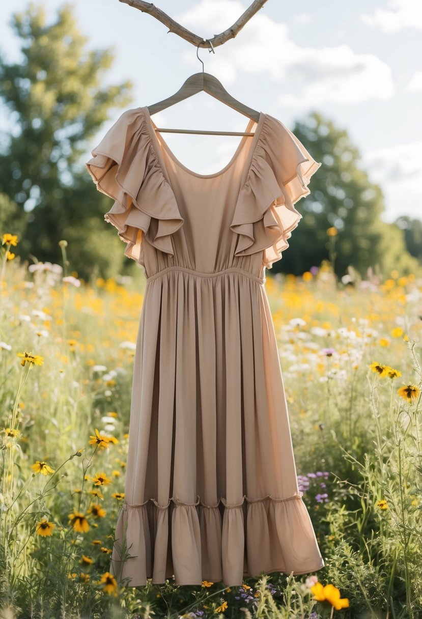 A rustic-chic ruffled sleeve dress hangs on a weathered wooden hanger, surrounded by wildflowers and dappled sunlight