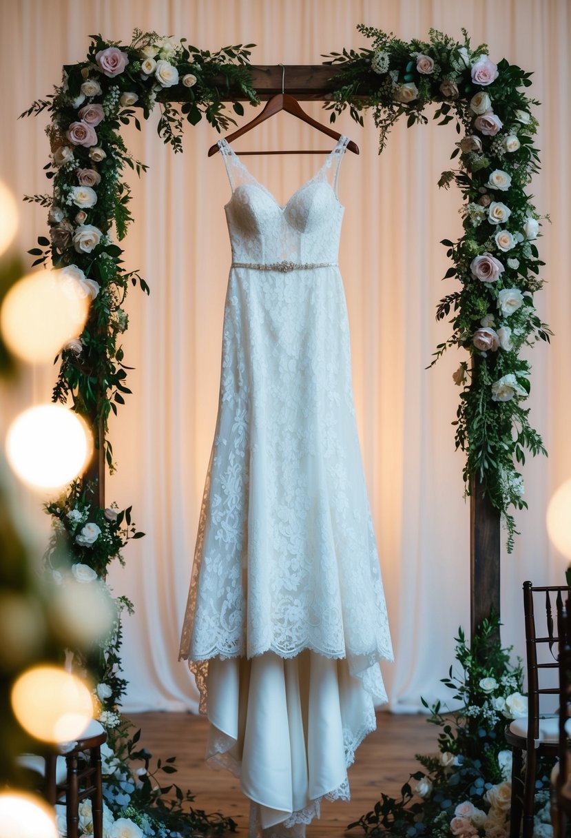 A delicate lace wedding dress hanging on a vintage wooden hanger, draped with soft lighting and surrounded by floral arrangements