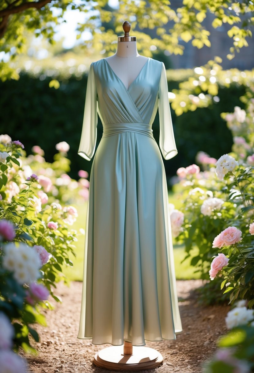 A flowing silk midi dress in a garden setting, surrounded by blooming flowers and dappled sunlight