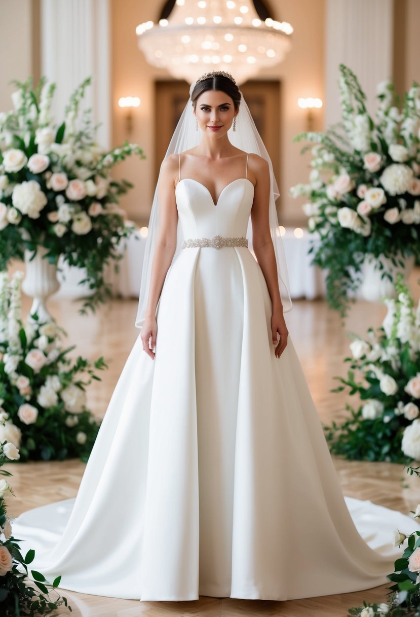 A bride in a drop waist wedding dress with a mix of classic and modern elements, surrounded by elegant floral arrangements and a grand venue