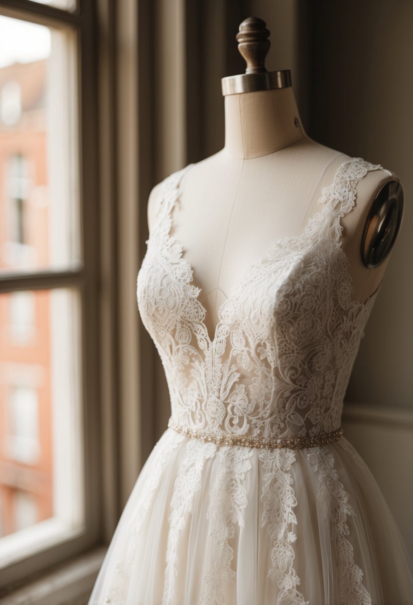 A delicate lace wedding dress displayed on a vintage mannequin