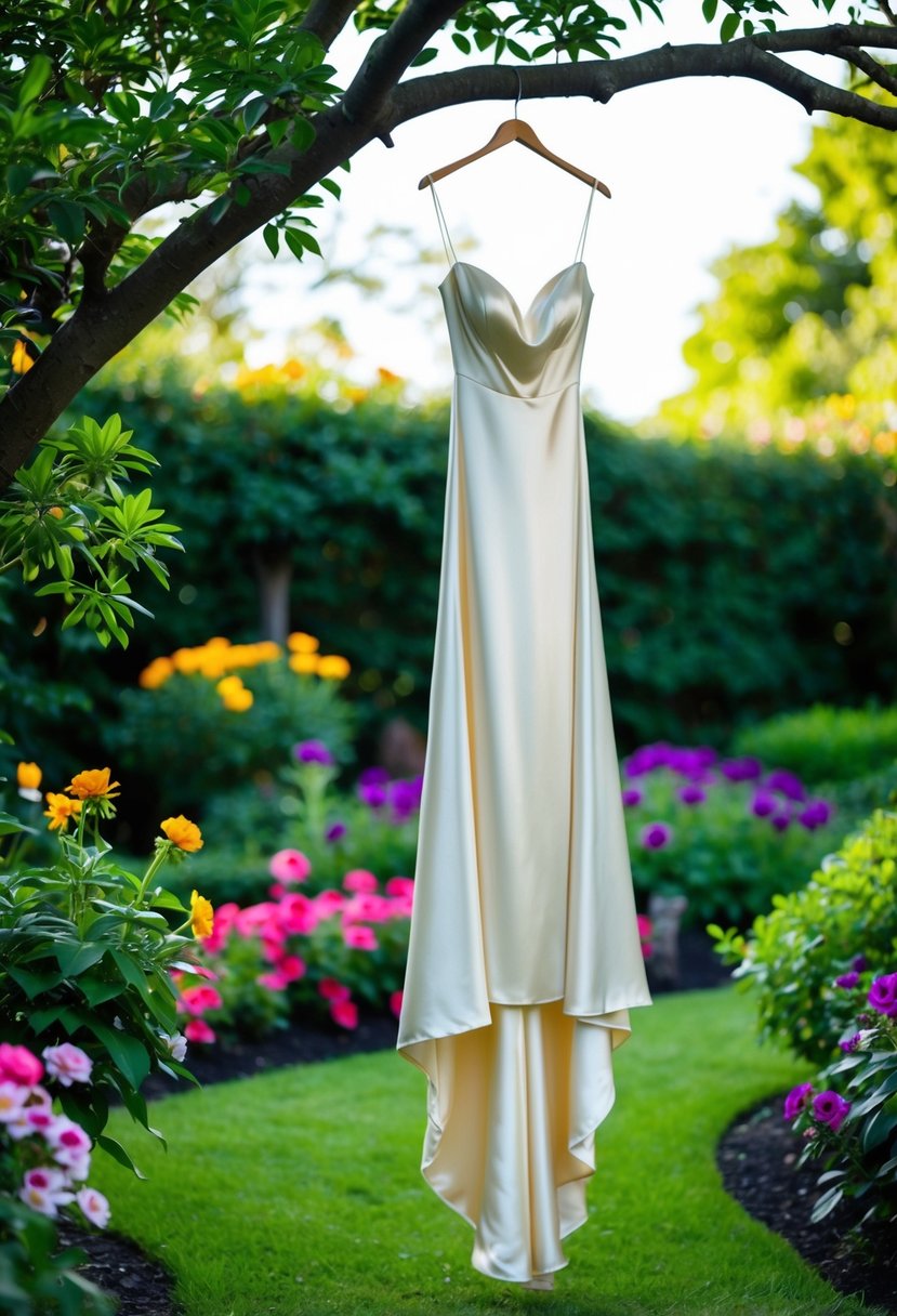 A lush garden with vibrant flowers and a flowing satin dress hanging from a tree branch