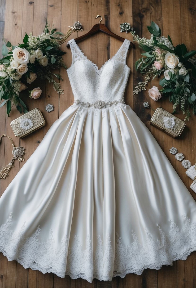 A lace and satin drop waist wedding dress with delicate beading and a flowing skirt, surrounded by vintage-inspired accessories and floral accents