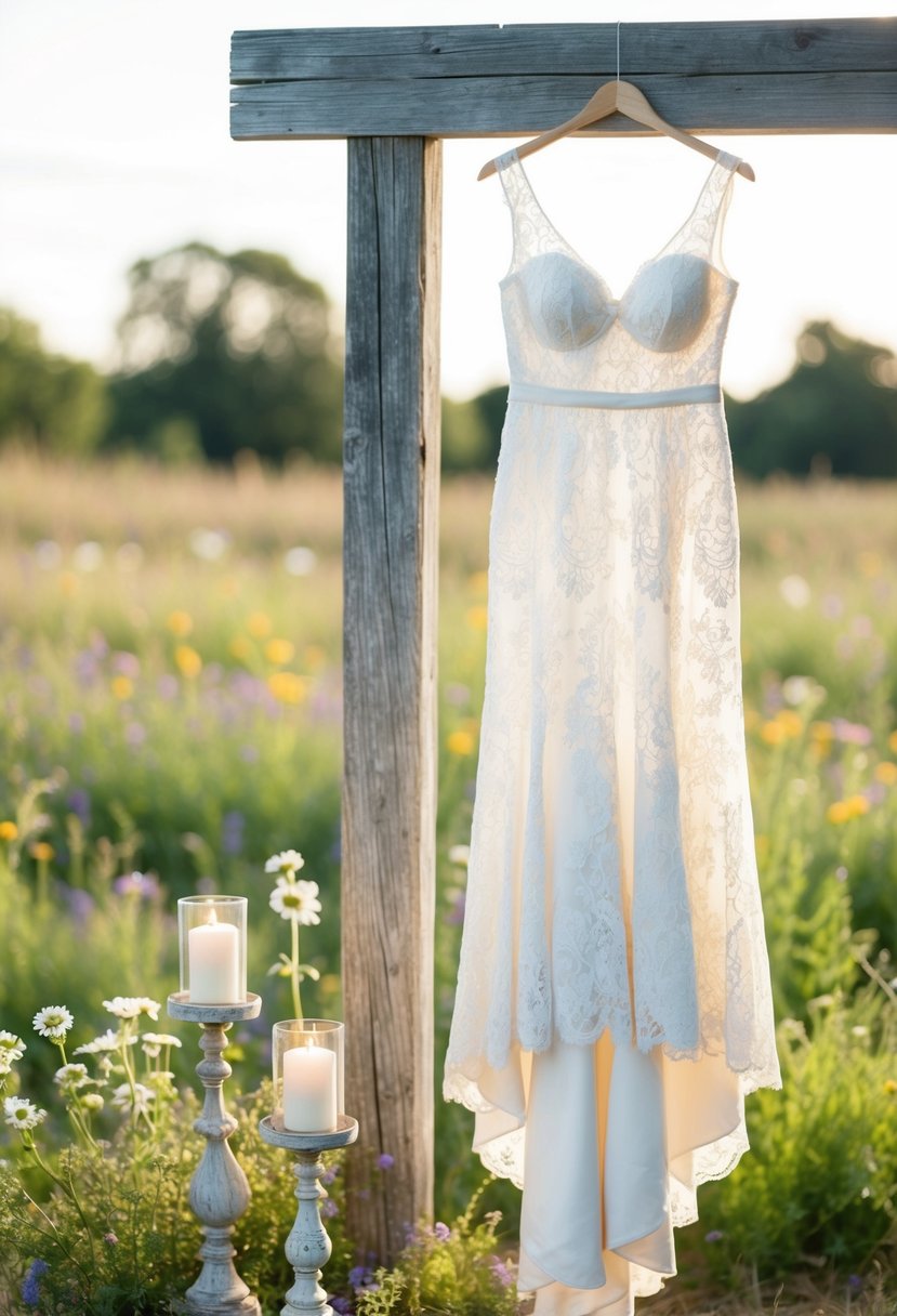 A lace wedding dress hanging from a weathered wooden beam, surrounded by wildflowers and vintage candle holders