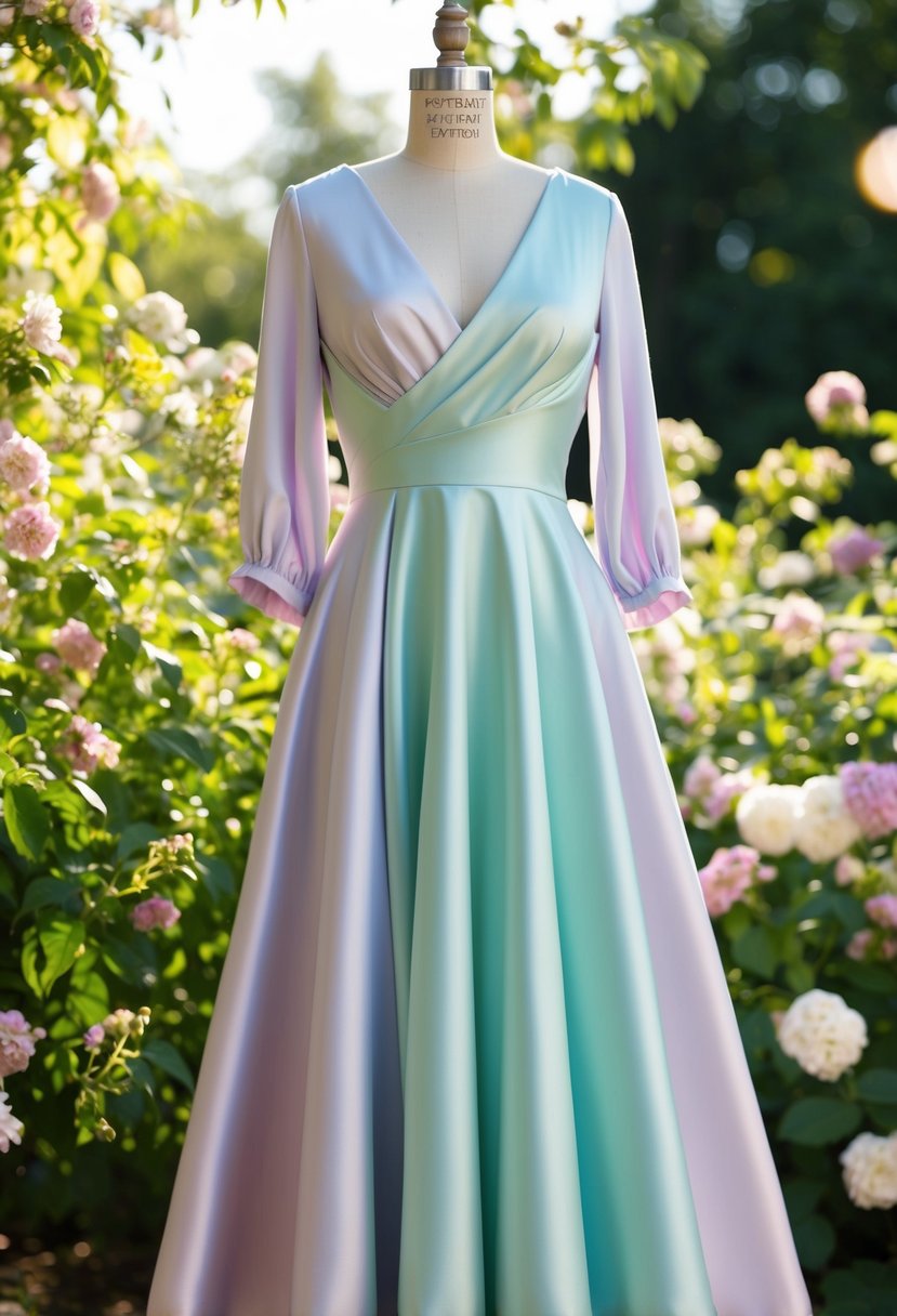 A flowing satin midi dress in soft pastel colors, set against a backdrop of blooming summer flowers and dappled sunlight