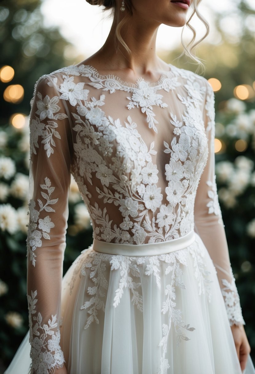 A delicate lace wedding dress adorned with intricate floral appliqués on the bodice and skirt, creating a romantic and elegant look