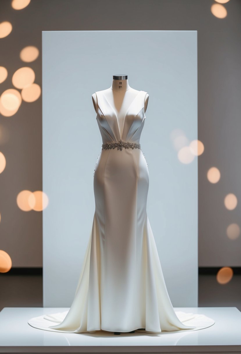 A sleek, modern drop waist wedding dress displayed on a minimalist white platform