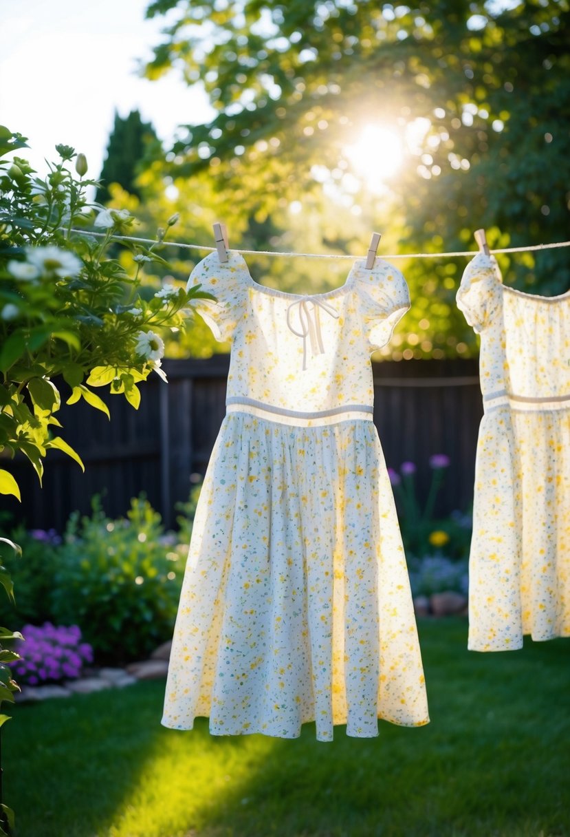 A ditsy floral dress hanging on a sunlit clothesline in a backyard garden