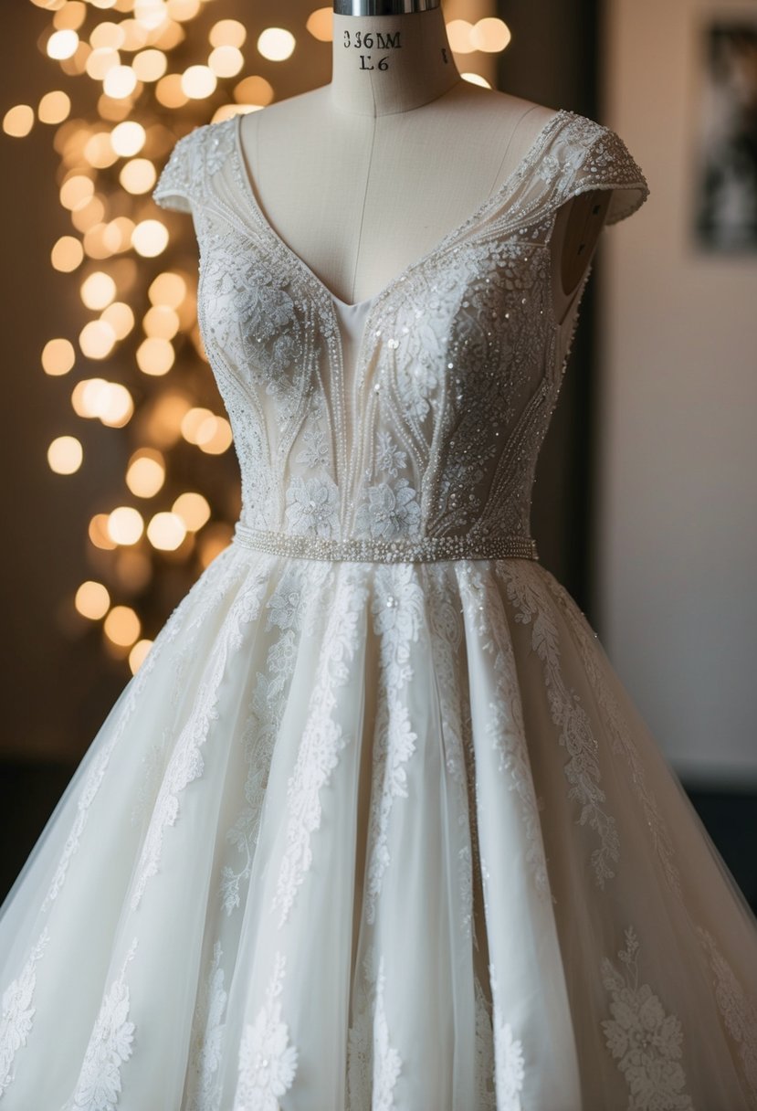 A modern lace wedding dress with intricate beading detail cascading down the bodice and flowing into a full skirt