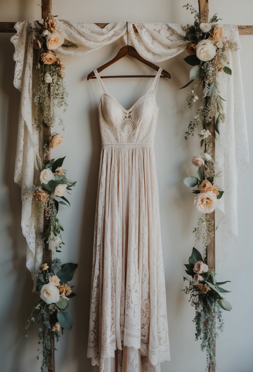 A flowing bohemian lace gown hangs from a rustic wooden hanger, surrounded by delicate lace fabric and vintage floral accessories