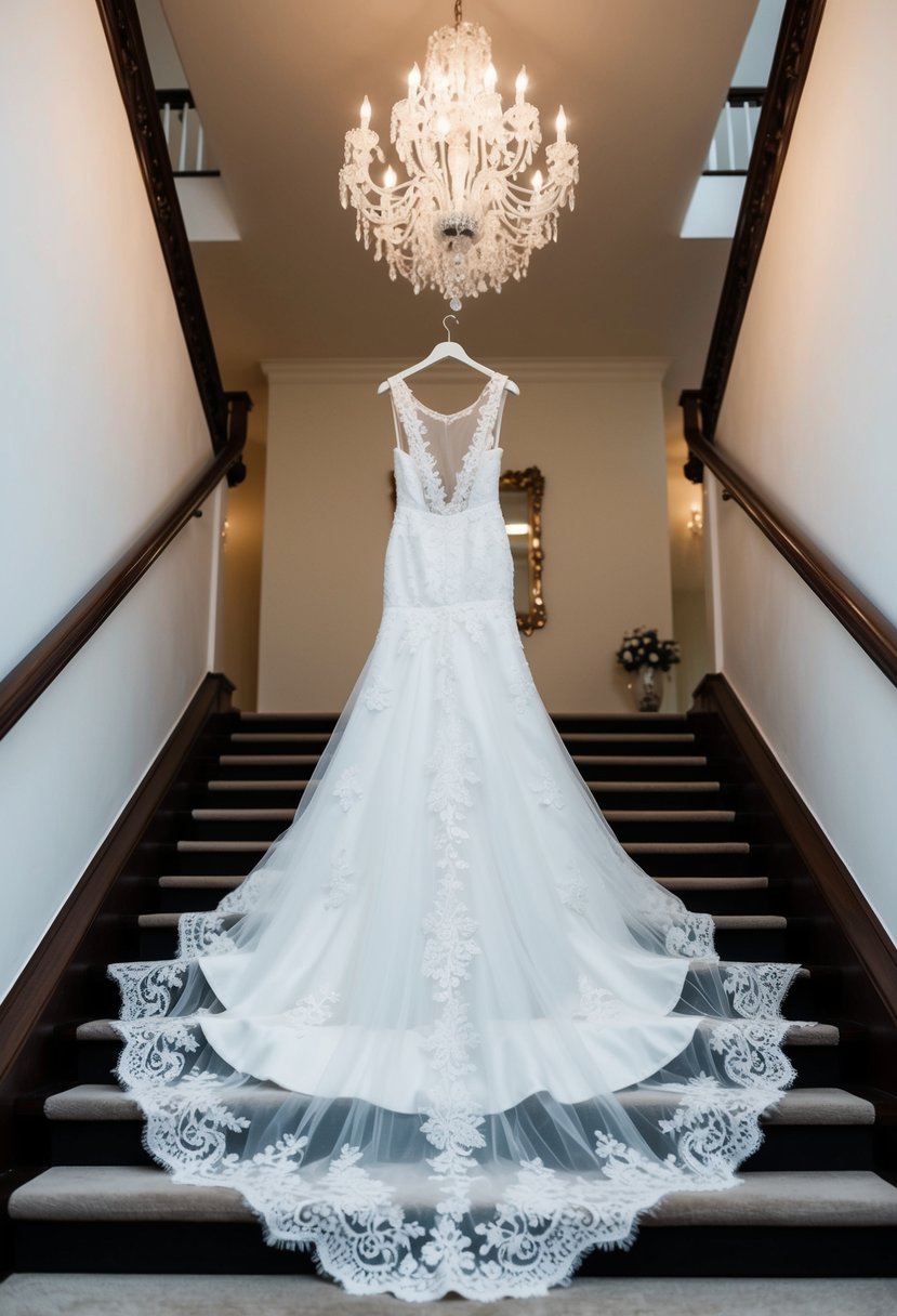 A delicate guipure lace wedding dress cascading down a grand staircase