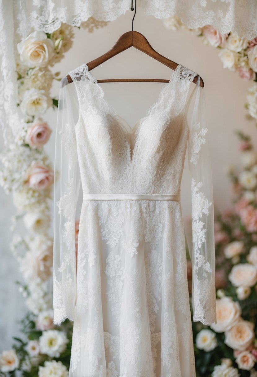 A lace wedding dress with long sheer sleeves, hanging on a vintage wooden hanger against a soft, dreamy backdrop of flowers and delicate lace details