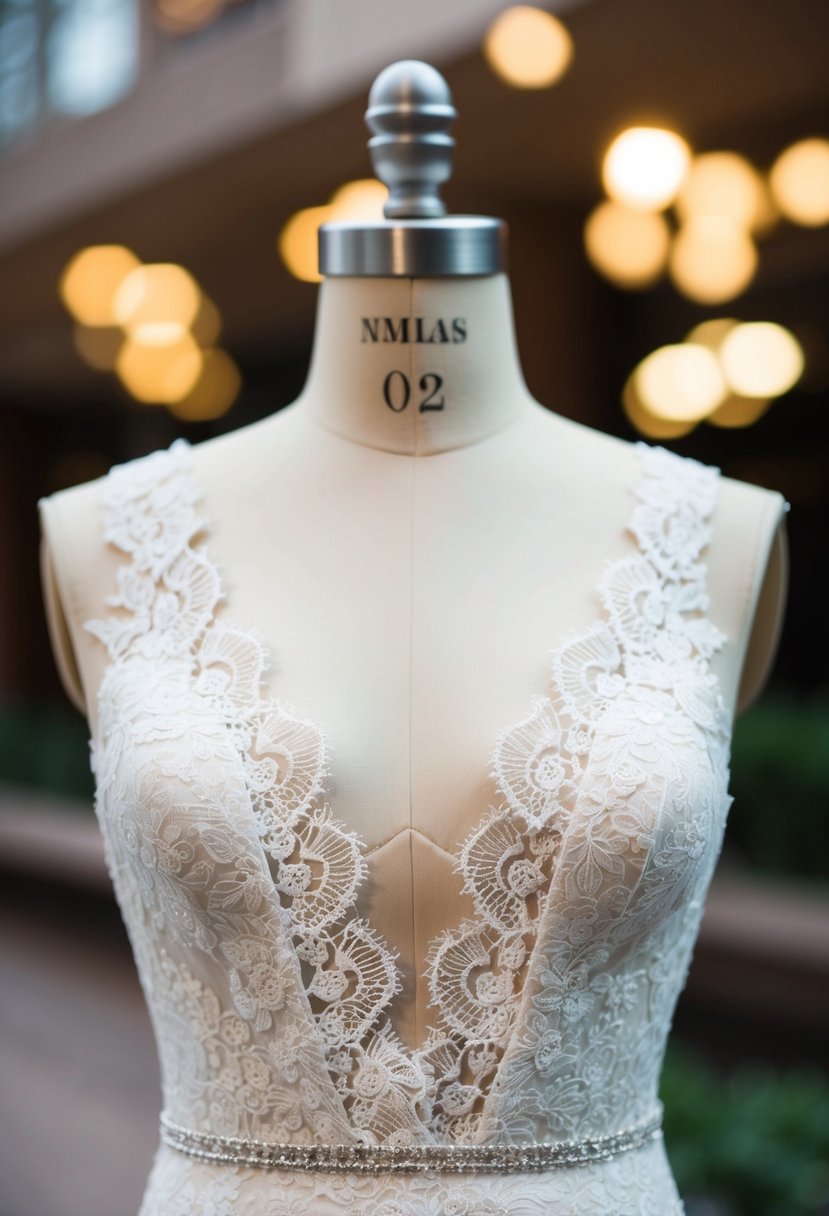 A lace wedding dress with a plunging neckline cascading down a mannequin's torso