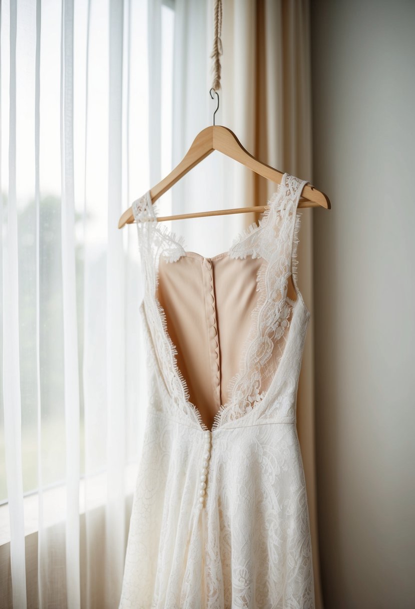 A lace gown with an open back draped over a delicate wooden hanger, surrounded by soft natural light filtering through a sheer curtain