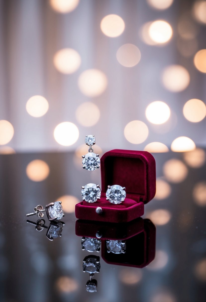 A pair of diamond wedding earrings falling from a velvet jewelry box onto a reflective surface