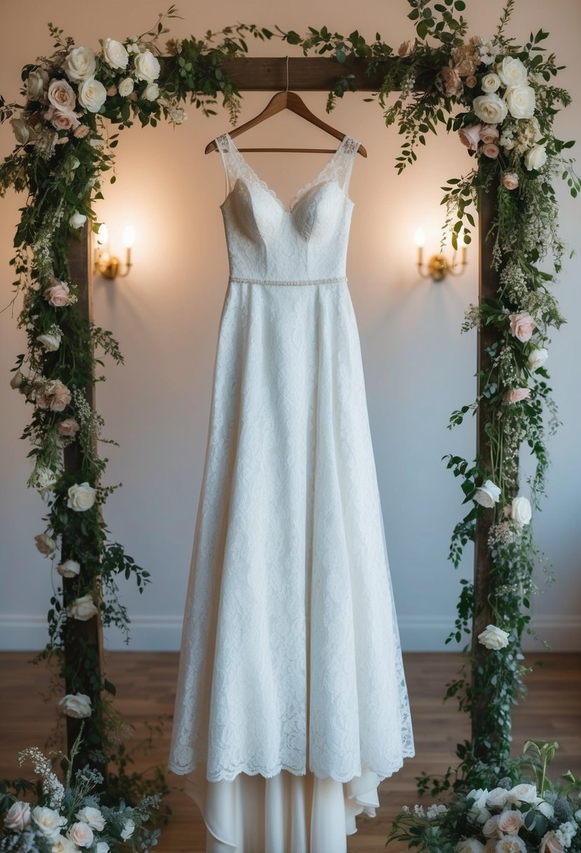 An elegant A-line lace wedding dress hanging on a vintage wooden hanger, surrounded by delicate floral arrangements and soft natural lighting