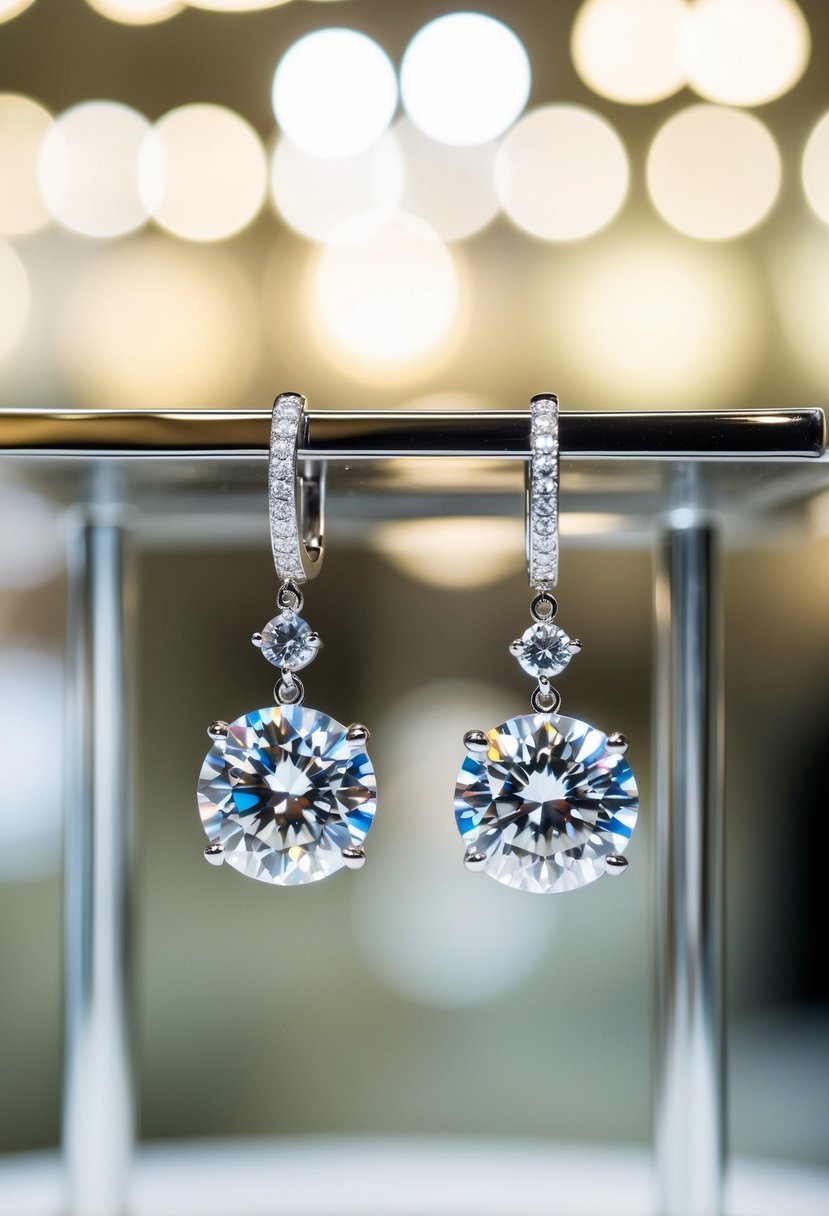 Sparkling diamond earrings dangle from a display, catching the light in a luxurious jewelry store