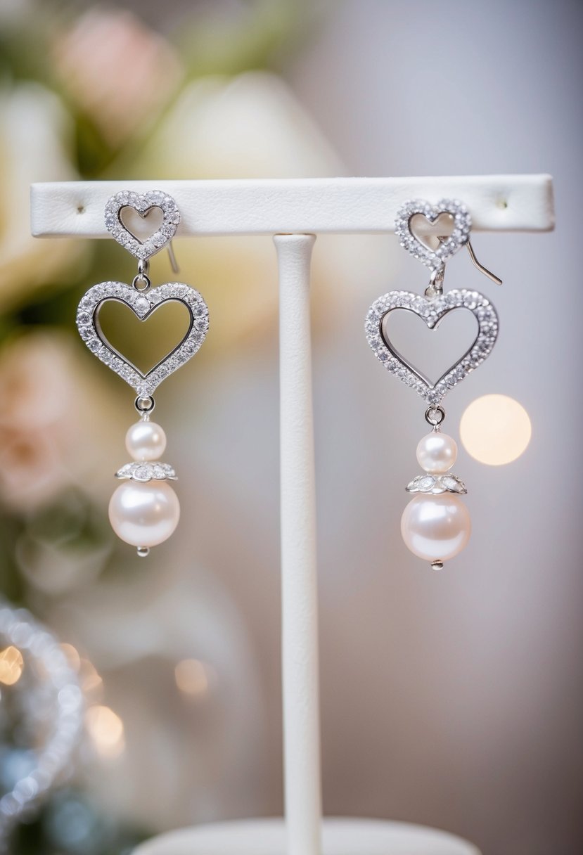 Two heart-shaped wedding earrings dangling from a delicate display stand. Sparkling with diamonds and pearls, they catch the light in a romantic setting