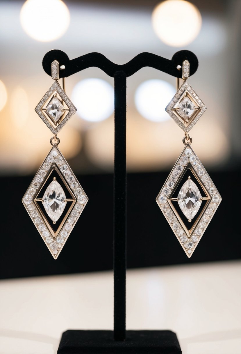 A pair of Art Deco geometric diamond drop earrings hanging from a display stand, catching the light with their intricate design and sparkling stones