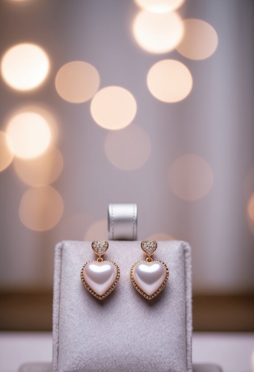 A delicate pair of heart-shaped pearl earrings displayed on a velvet cushion